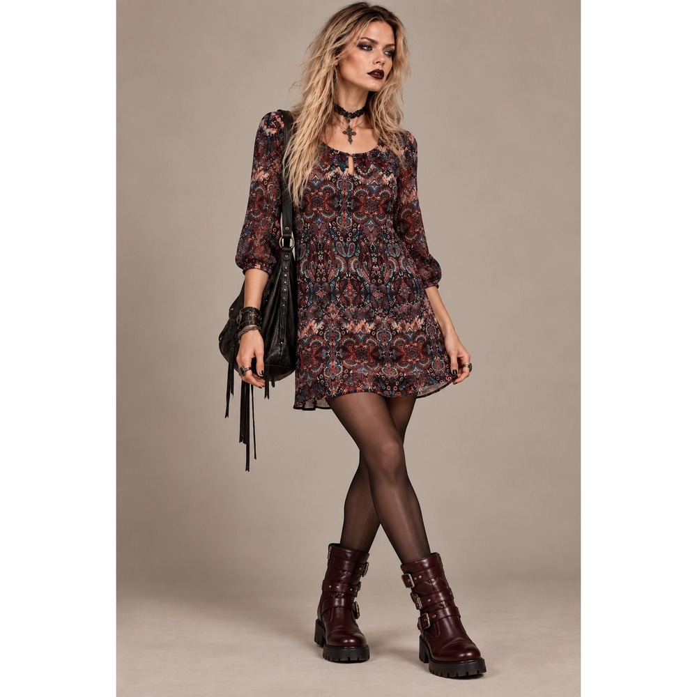 Daytrip XS Paisley Print Mini Dress Keyhole Back Long Sleeve Soft
 Goth Boho